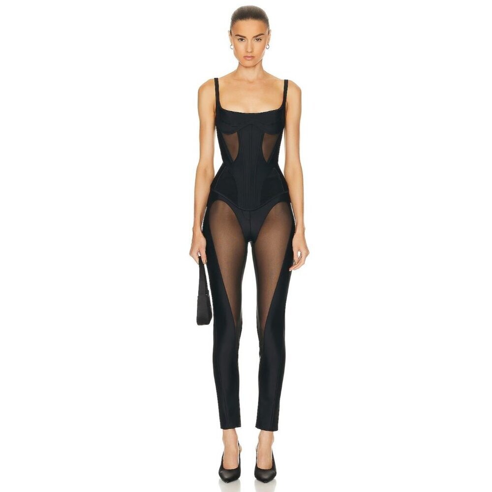 Mugler Tulle Stretch Leggings in Black & Black 38 New Womens Pants Trousers